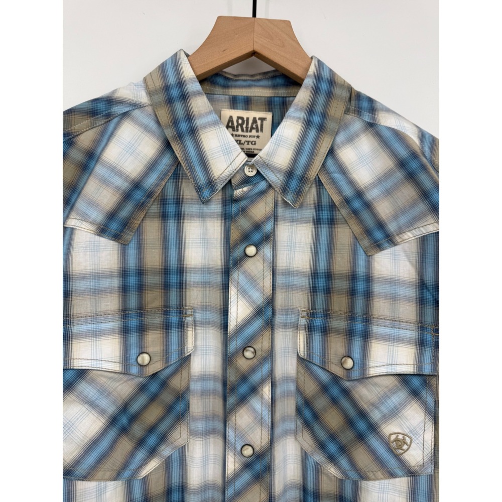 Ariat Shirt Mens XL Blue Plaid Pearl Snap Retro Fit Western Long Sleeve NEW
